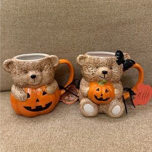 Teddy Bear Pumpkin Bow Set of 2 Halloween Mugs Creepy Critters NWT